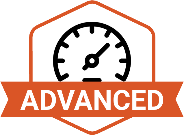 advanced badge, with an icon of a gauge indicating a high level