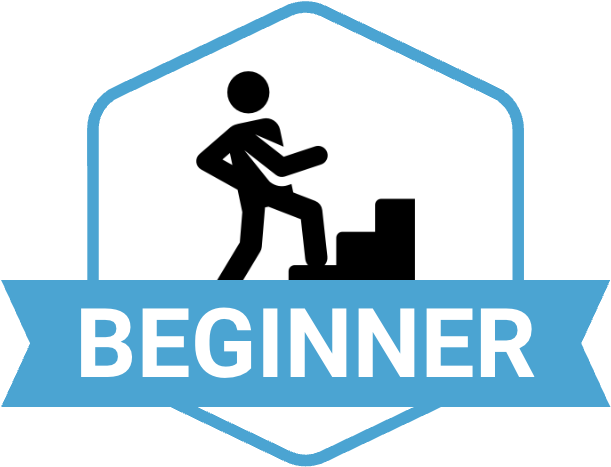 beginner badge, with an icon of a stick figure starting up a set of stairs
